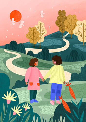 Friends Walking Winding Path Art Print by Bea Muller