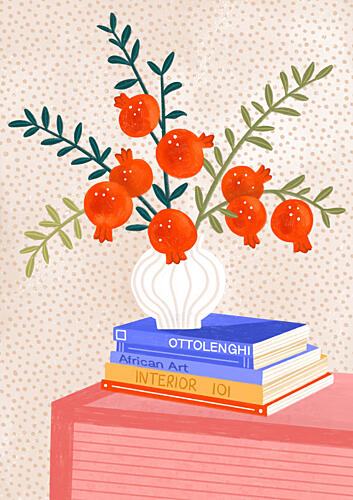 Cozy Tabletop Pomegranates Art Print by Lor Muller