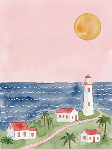 Pink Sky Lighthouse Village Art Print by Mathieu