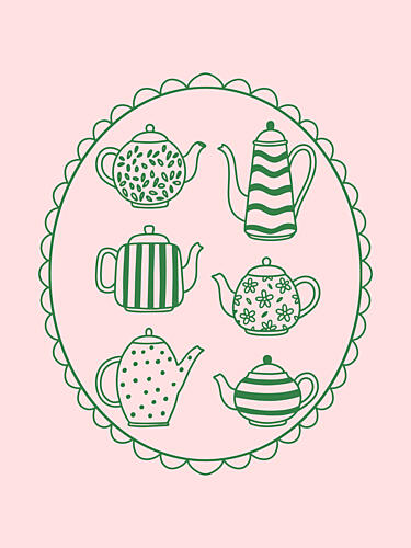 Green Patterned Teapots Art Print by Mathieu