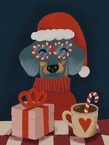 Cozy Christmas Dog Art Print by Emanuela Carratoni