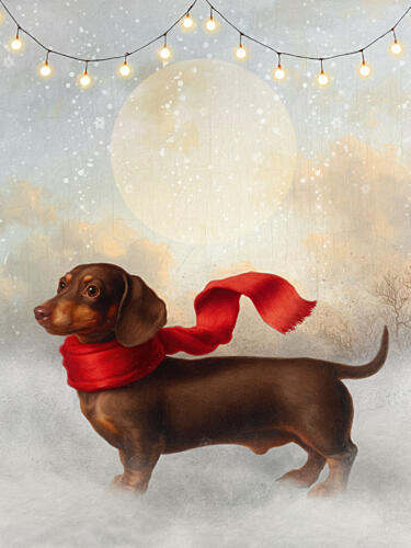 Christmas Dachshund Snow Art Print by Marja van den Hurk