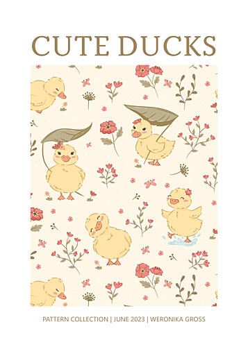 Playful Ducklings Floral Pattern Art Print by Weronika Gross