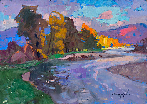 Vibrant Autumn River Montagne reproduction