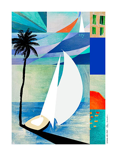 Abstract Coastal Sailboat Art Print by Alex Nereuta