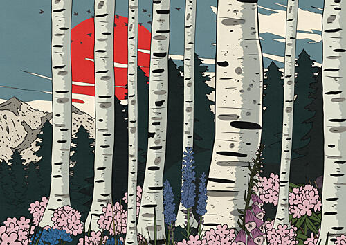 Red Sun Birch Grove Montagne reproduction