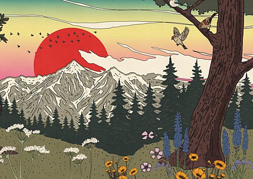 Red Sun Mountain Meadow Toile murale reproduction