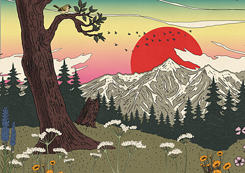 Red Sun Mountain Landscape Toile murale reproduction