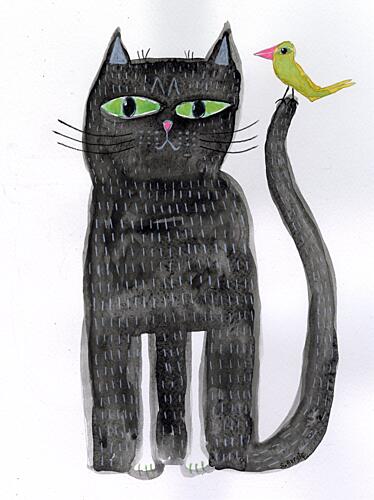 Whimsical Black Cat and Bird Animaux reproduction