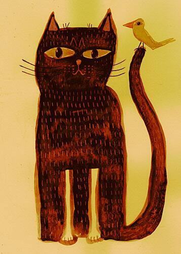 Whimsical Cat and Bird Animaux reproduction