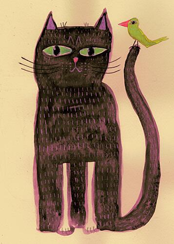 Whimsical Cat and Bird Surréaliste reproduction