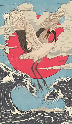 Japanese Crane Red Sun Art japonais reproduction