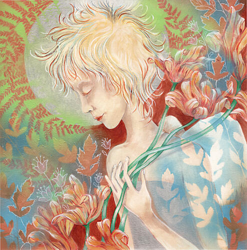 Dreamy Woman Holds Flowers Art Print