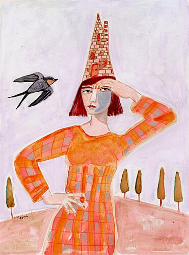 Whimsical House Hat Woman Fantastique reproduction