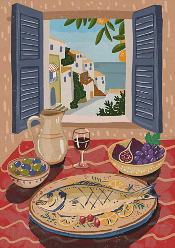 Coastal Dining Scene Art Print by Nicholas