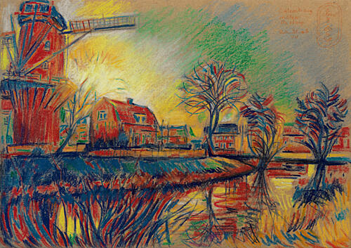 Vibrant Windmill Village Scene Impressionniste reproduction