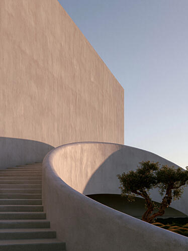 Curved Cycladic Staircase with Olive Tree at Sunset Art Print by Minorstep