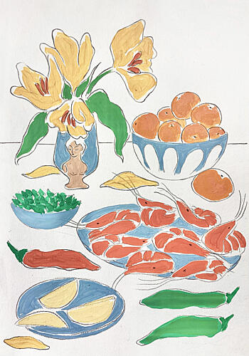Fresh Flowers and Feast Art Print by Rushati Chowdhury