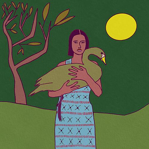 Woman Embracing Green Bird Figuratif reproduction