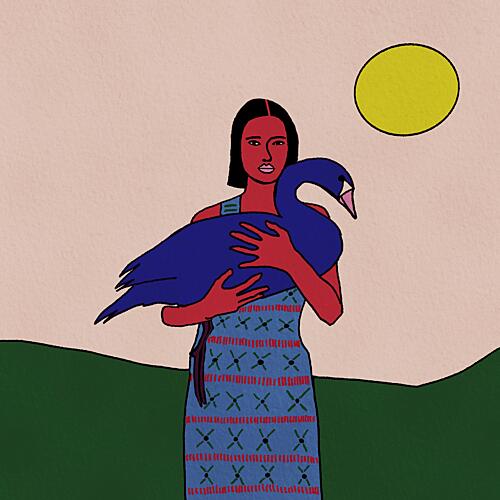 Woman Embracing Blue Swan Figuratif reproduction