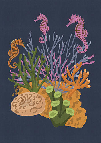 Vibrant Seahorses Coral Reef Aquarelle reproduction