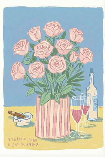 Pink Roses Wine and Cigar Art Print