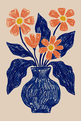 Orange Flowers Blue Vase Art Print by Melloi Art Prints