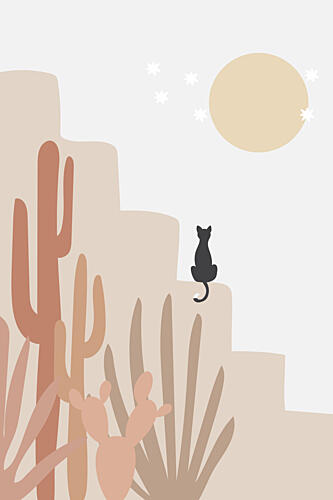 Desert Cat Moonlit Night Art Print by Melloi Art Prints