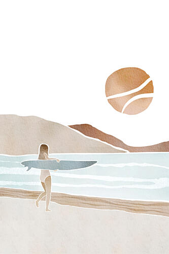 Surfer Beach Sunset Montagne reproduction