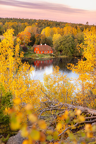 Vibrant Autumn Lake House Art Print by Julien Propper