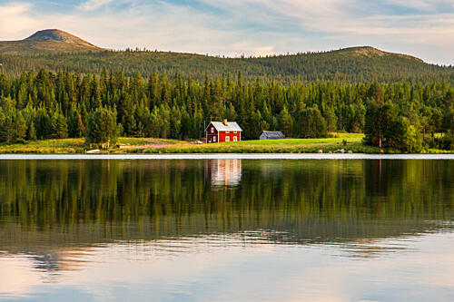 Serene Lake Red Cabin Art Print by Julien Propper