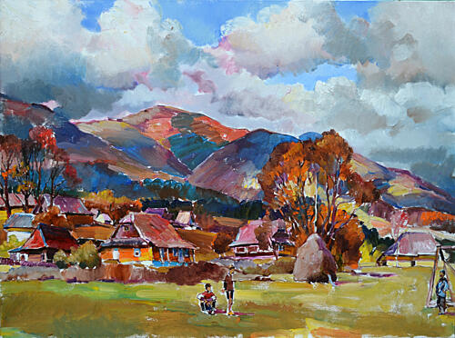 Autumn Mountain Village Gold Print