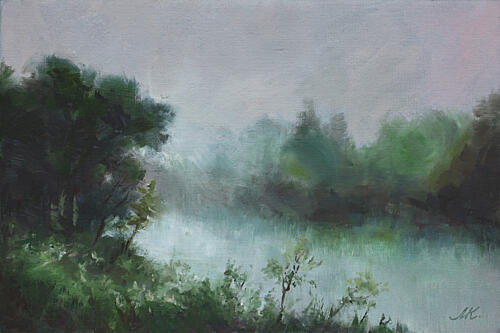 Misty River Landscape Art Print