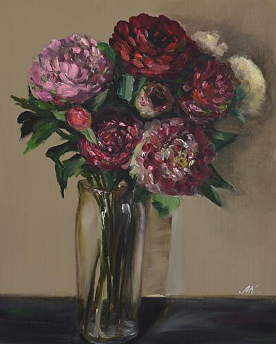 Dark Red Peonies in Glass Vase - Moody Floral Oil Painting Art Print