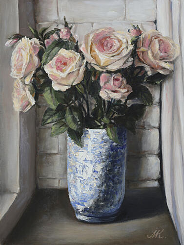 Pink Roses on Windowsill - Blue Ceramic Vase Painting Art Print