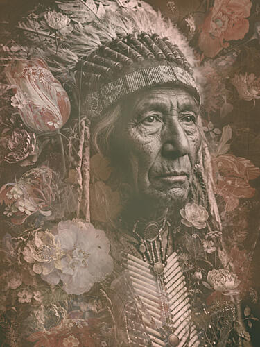 Native Elder Floral Portrait Art Print by Sander van Laar