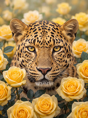 Leopard in Yellow Roses Art Print