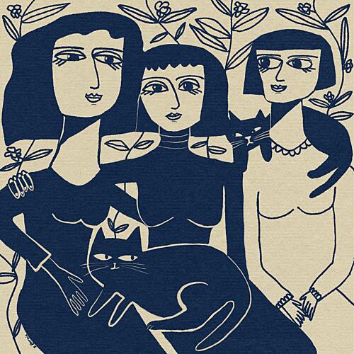 Three Women and Cats Art Print