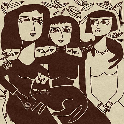 Three Women and Cats Art Print