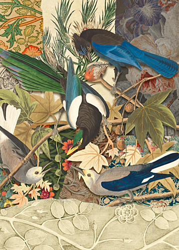 Vintage Botanical Bird Collage Art Print