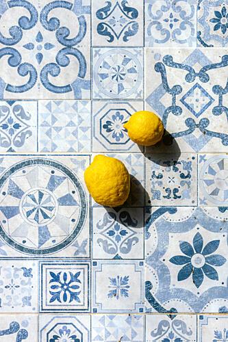 Vibrant Lemons Blue Tiles Art Print by HelloHappylife