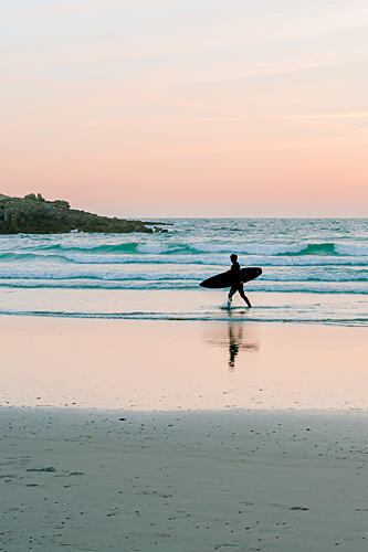 Surfer Walking Sunset Beach Art Print by HelloHappylife