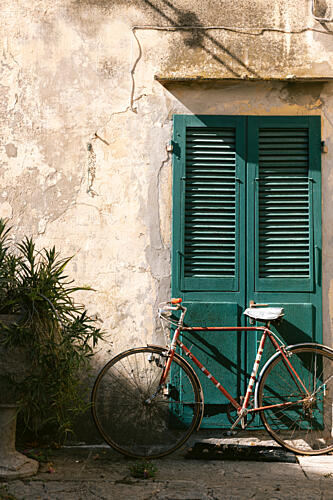 Charming Bicycle Green Shutters Art Print by HelloHappylife