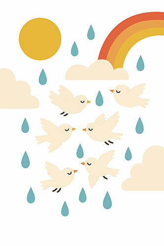 Happy Birds Rainbow Rain Art Print