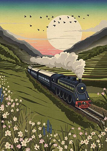 Steam Train Sunset Journey Art Print