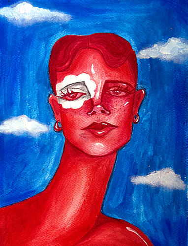 Red Woman Blue Sky Art Print