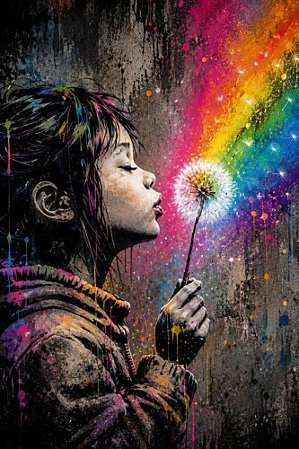 Girl Blowing Rainbow Dandelion Art Print by Mark Andre Matthews