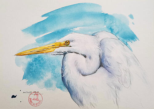 Elegant Egret Watercolor Art Print by Hongtao Huang