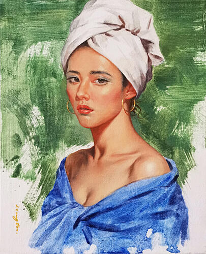 Elegant Woman White Turban Art Print by Hongtao Huang