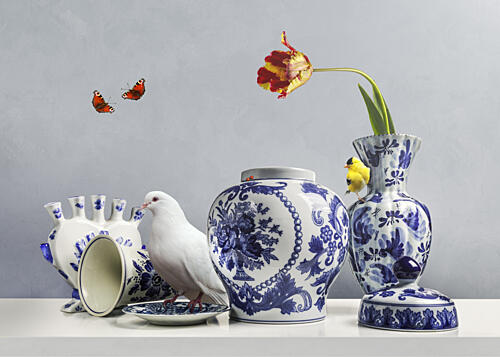 Delftware Birds and Tulip Art Print